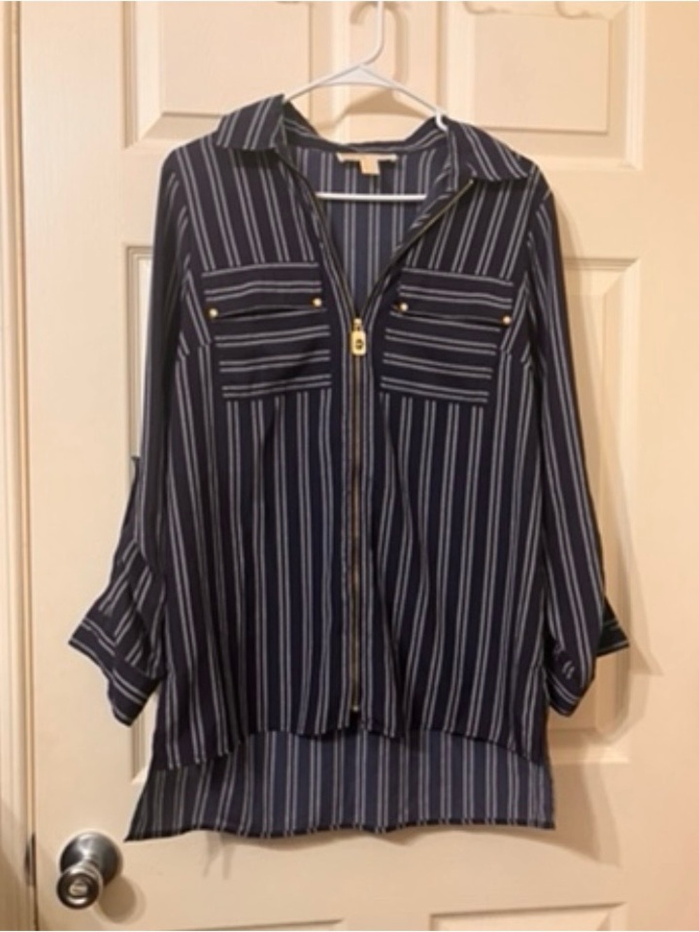 Striped Navy Zip-Front Button Shirt